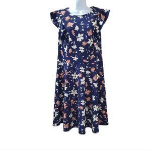 YATHON Navy Floral Ruffle Sleeve Trim A-Line Dress Size XL